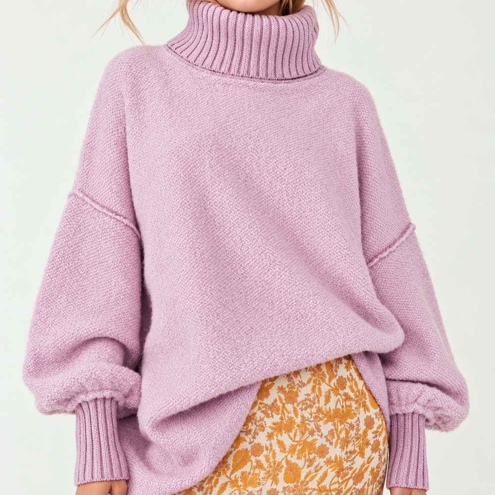 Free People Milo Pullover Bouclé Fuzzy Turtleneck Sweater Lavender Oversized S